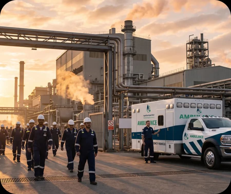 Medical team at industrial plant