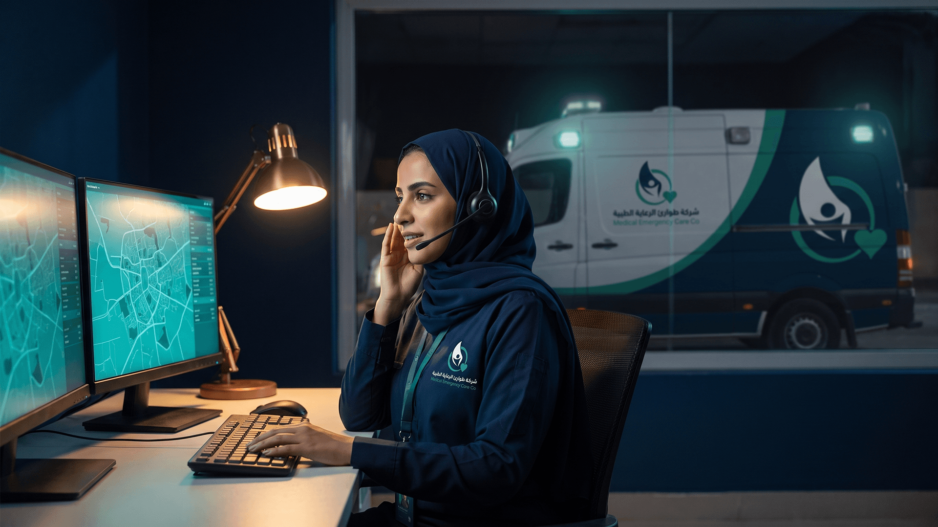 Medical Emergency Care Co. call centre agent with an ambulance outside
