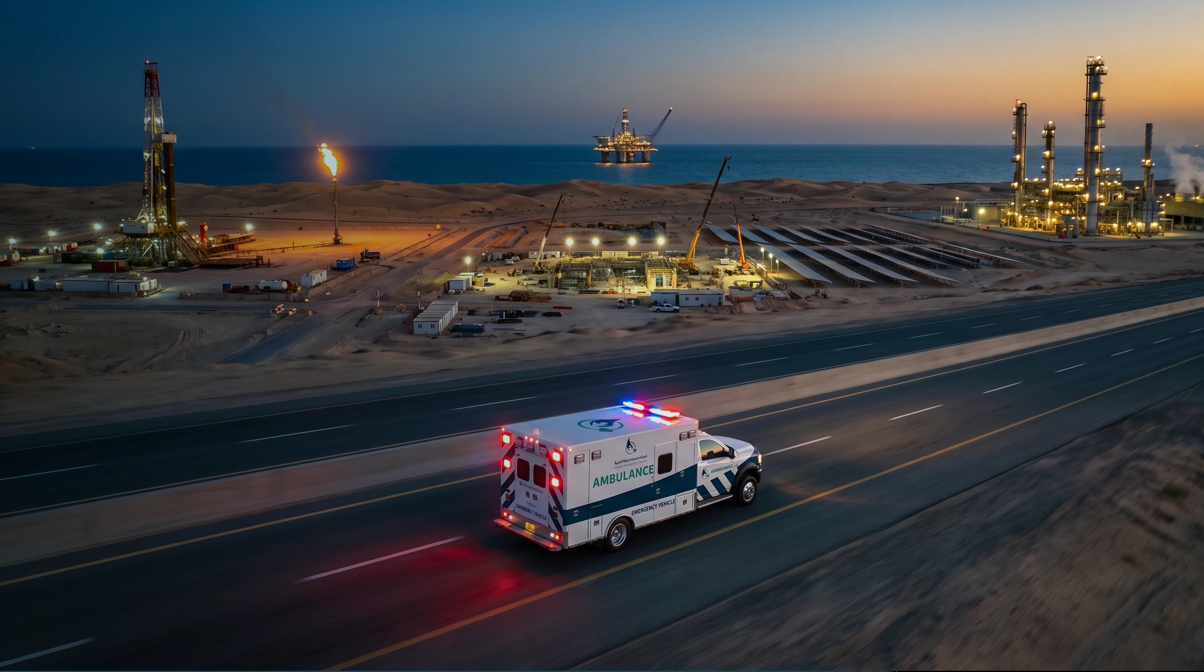 Medical Emergency Care ambulance driving past industrial sites at dusk