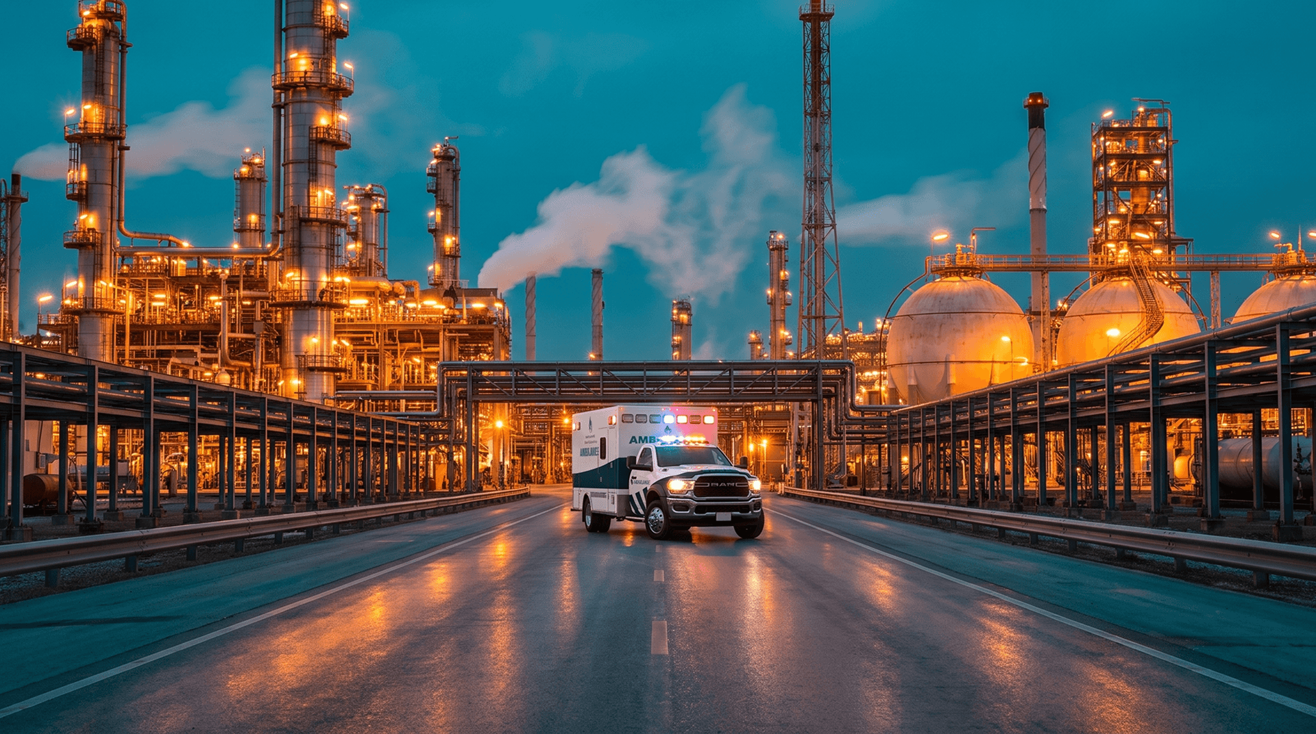 Ambulance on the road through an industrial plant at night