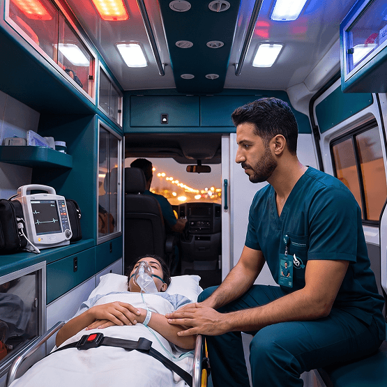 Paramedic caring for a patient inside an ambulance
