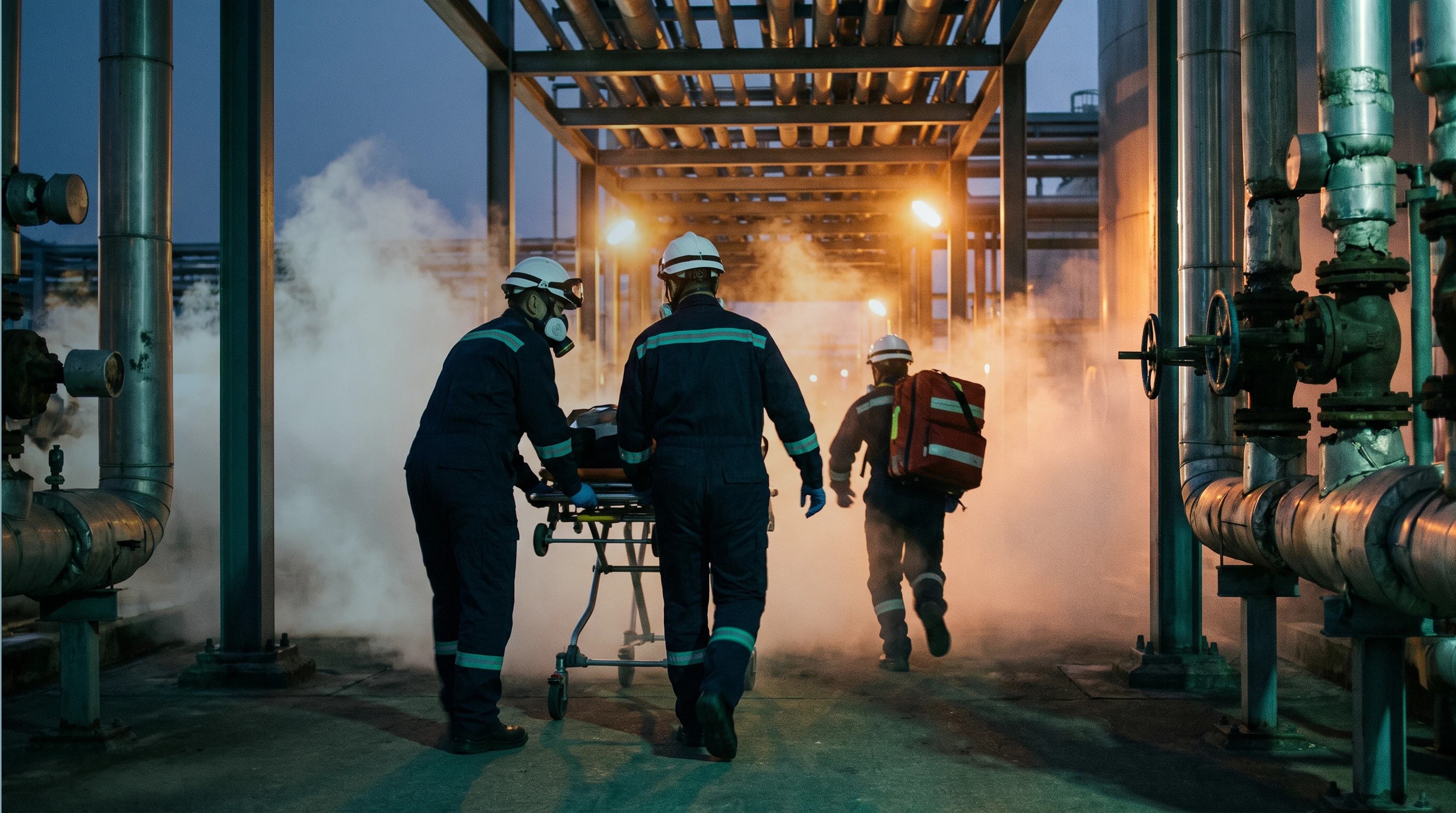 Medical Emergency Care responders moving a stretcher through an industrial plant