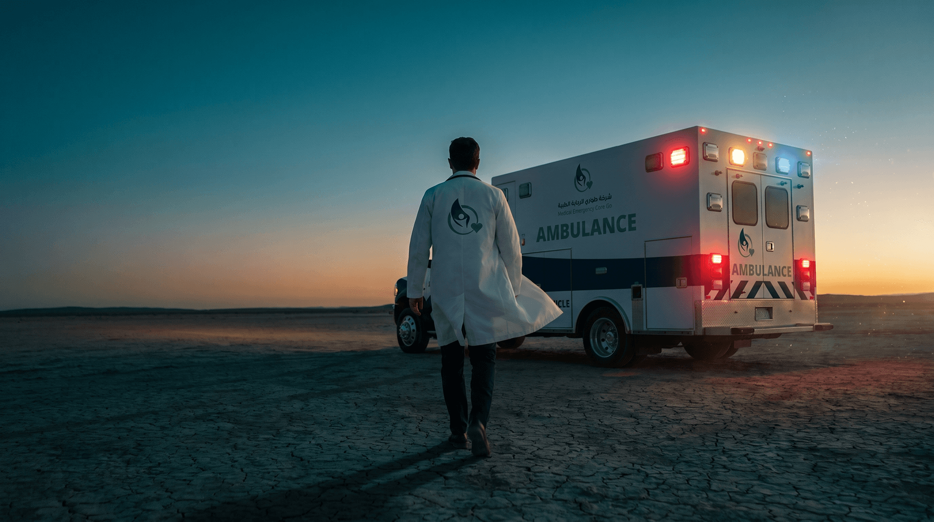Doctor walking towards an ambulance in the desert at sunset