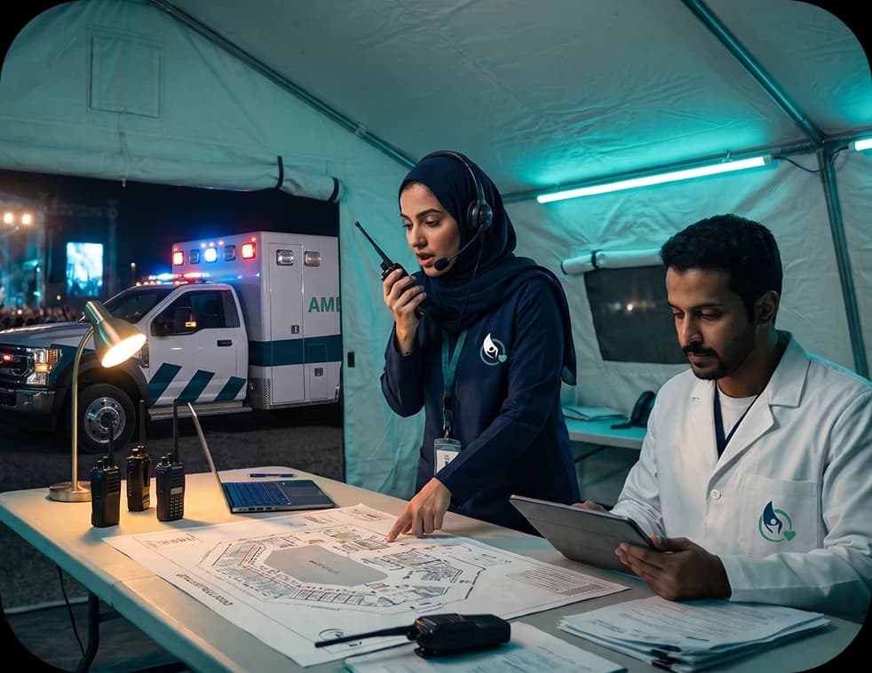 Event medical command tent with an ambulance on standby