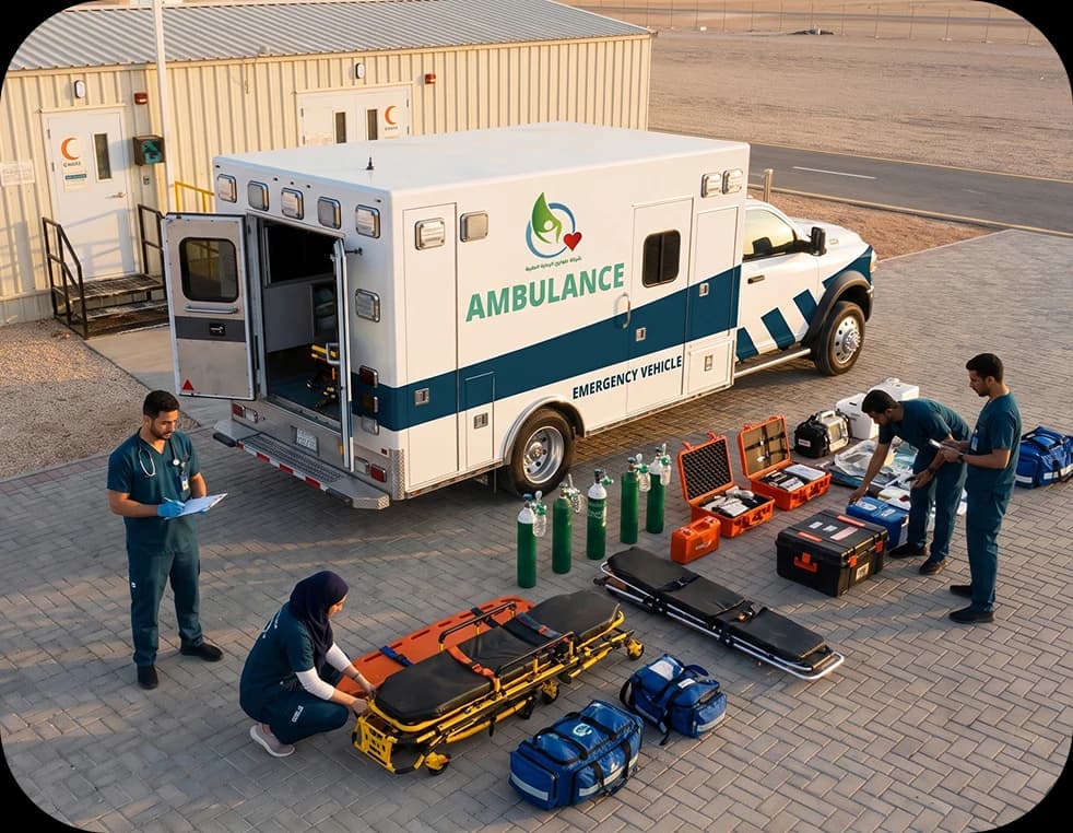 Medical team checking equipment beside an ambulance