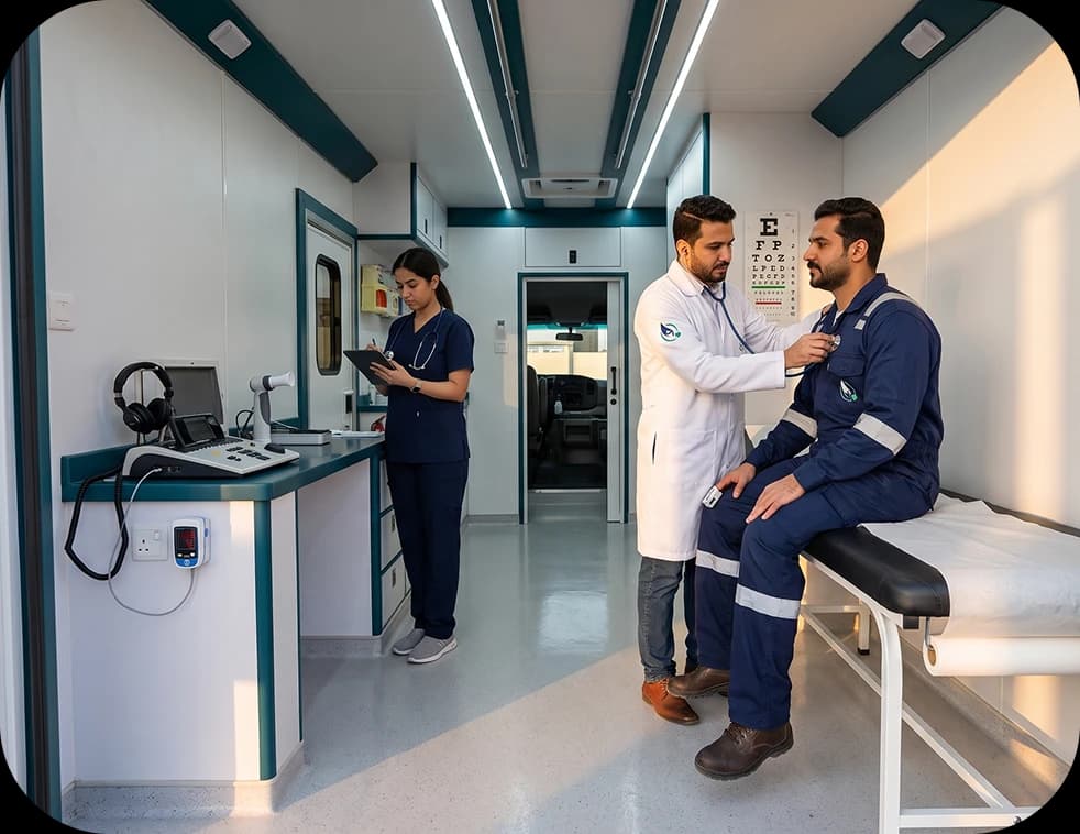 Doctor examining a worker inside the mobile examination unit