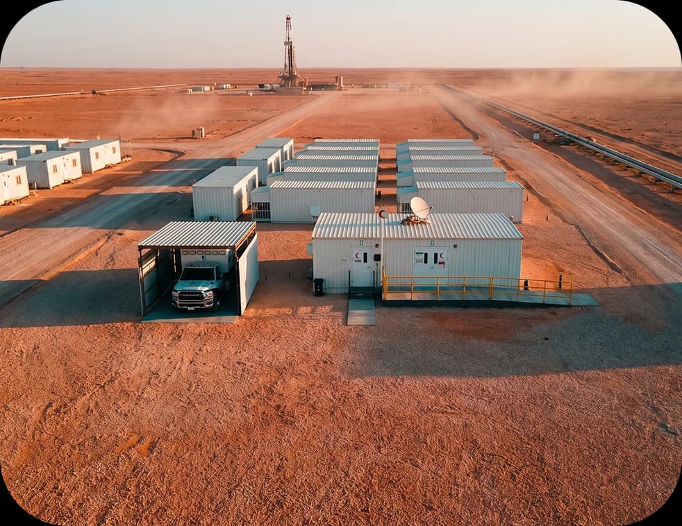 Remote site clinic and ambulance shelter beside a drilling rig