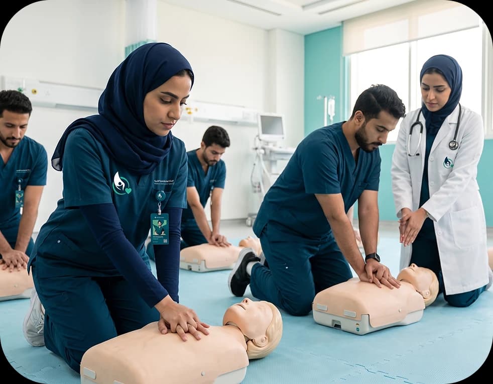 Trainees practising CPR on manikins